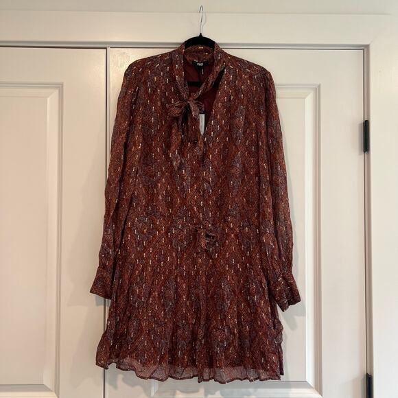 NWT Paige Women's Cleobelle Longsleeve Dress Neck‎ Tie Tan Glitter Size Large - Picture 1 of 8